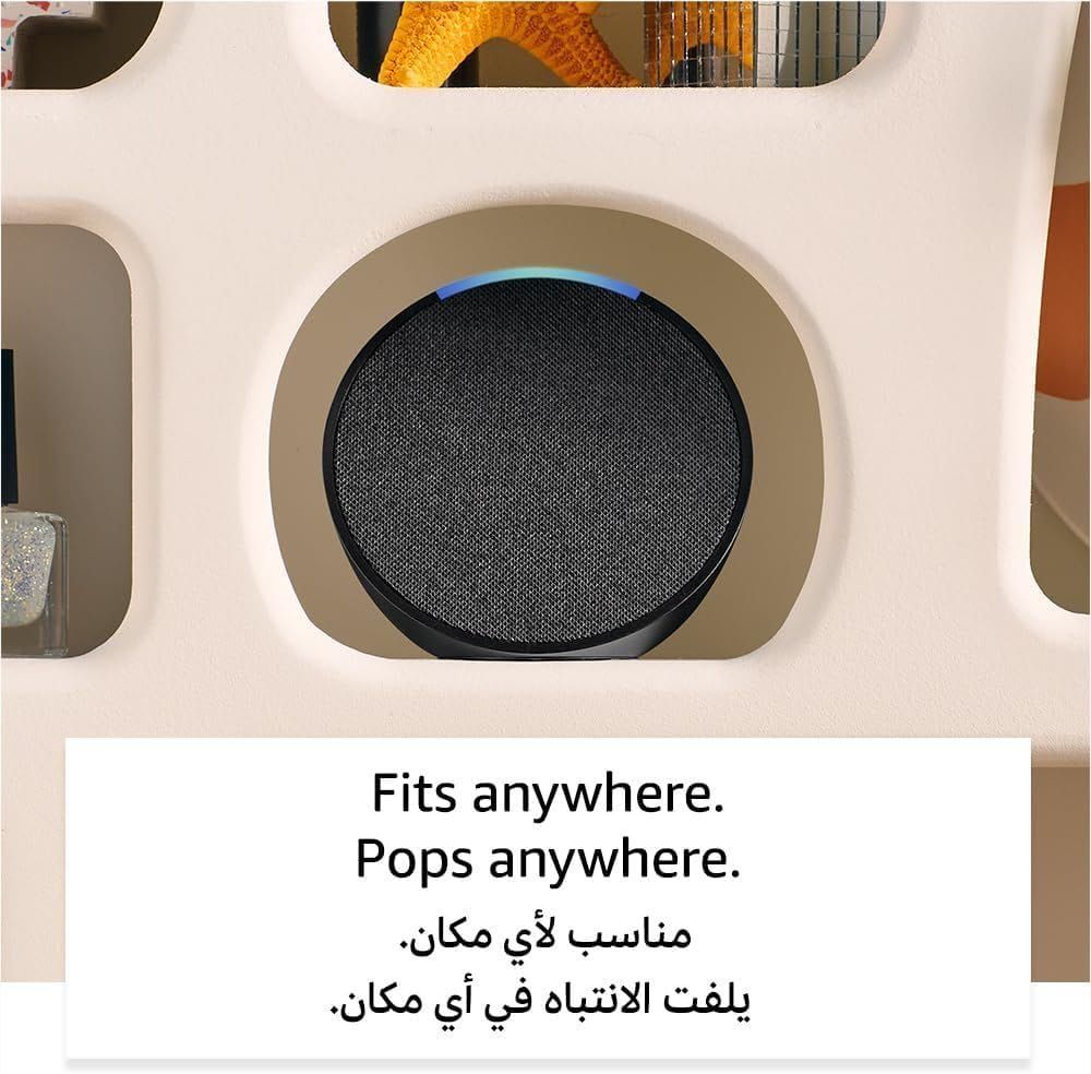 مكبر صوت أمازون إيكو بوب الذكي الصغير مع أليكسا، صوت كامل، اتصال بلوتوث وواي فاي، تحكم ذكي بالمنزل | فحمي