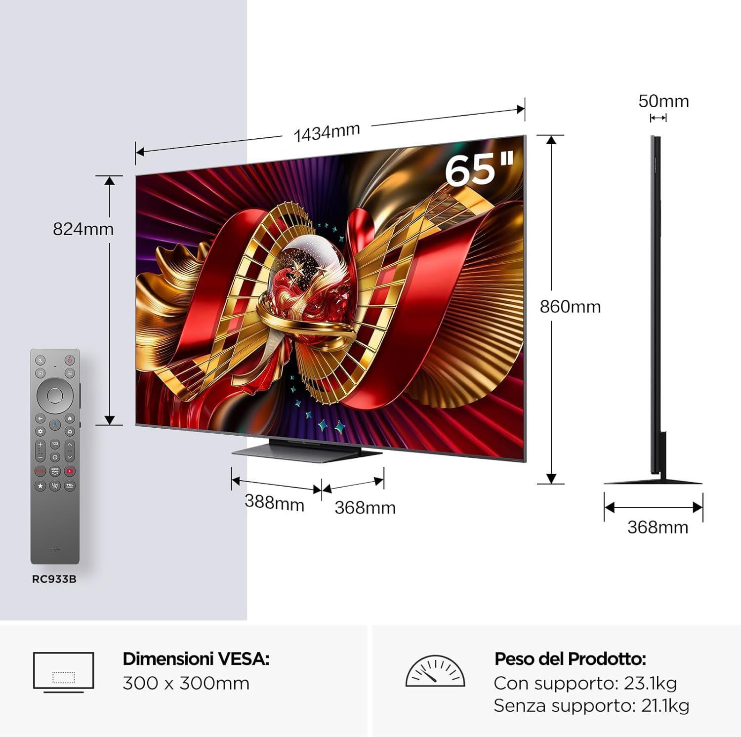 TCL 65 Inch 4K SQD Mini LED Smart Google TV, 144Hz, HDR 5000 Nits & 2,040 Dimming Zones, Dolby Atmos, B&O Audio, AirPlay 2 - 65C8L - Black