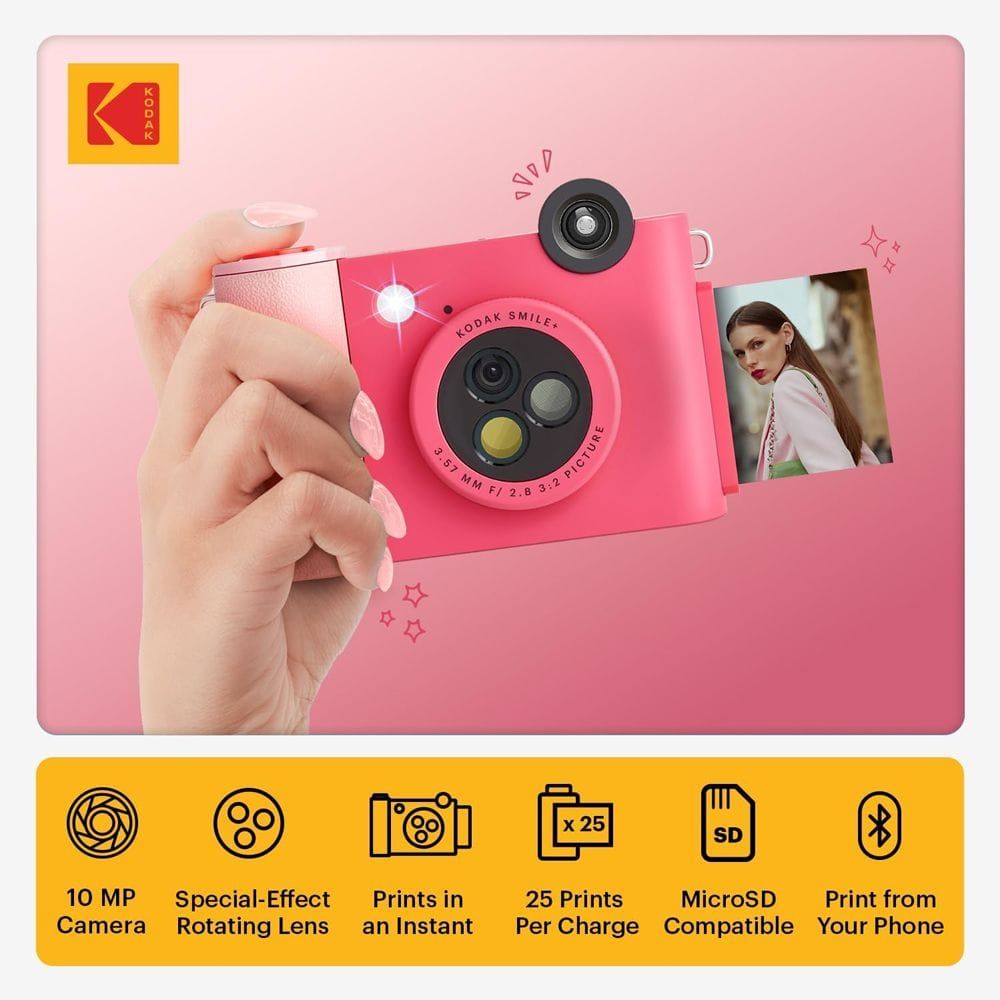 Kodak Smile+ Instant Print Digital Camera, 10MP Camera, 2x3-Inch ZINK Photo Printing, Bluetooth Connectivity & Selfie Mirror | Fuchsia - 843812173063