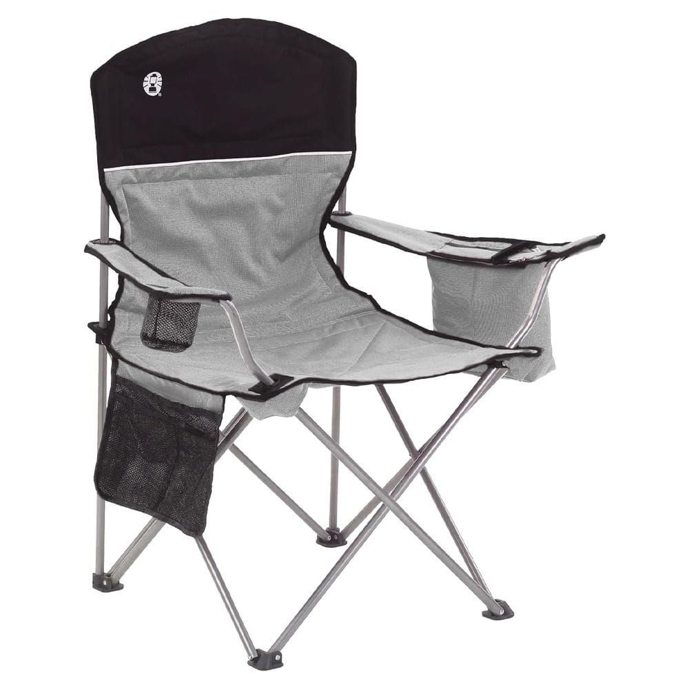 Coleman Cooler Quad Camping Chair, Folding Outdoor Chair with 4-Can Cooler, Cup Holder, Storage Pocket and Adjustable Armrests | Grey & Black