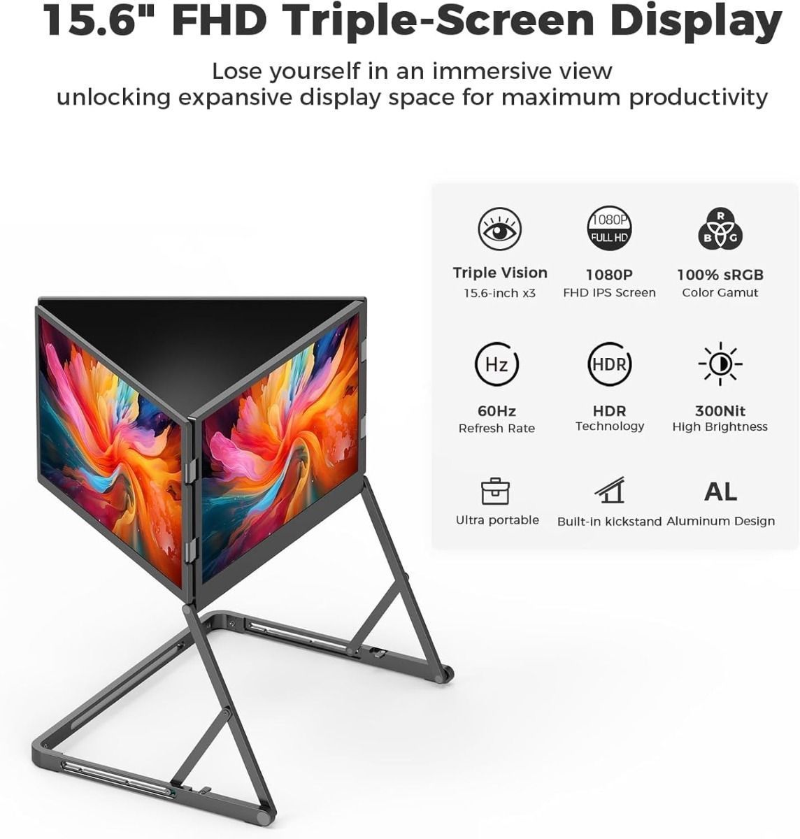 V2COM Quad Triple Laptop Monitor Extender 15.6" FHD 1080P IPS Portable Screen with HDR, 180 Rotation, Plug & Play, Compatible with Windows/macOS - V-Q1