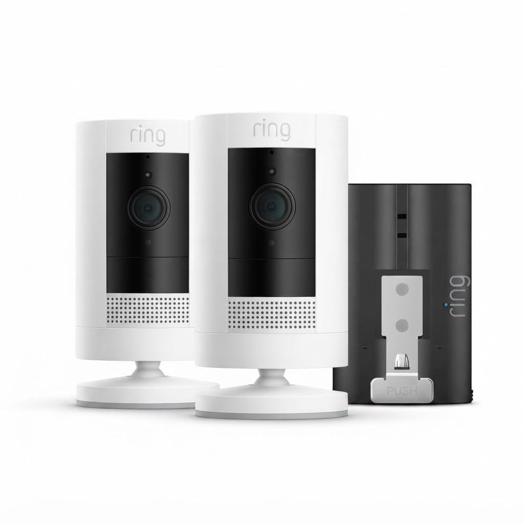 Ring Stick Up Cam 2-Pack (Plug-In & Battery), Outdoor/Indoor Security Camera System, Two-Way Talk, Motion Detection, HD Video Monitoring