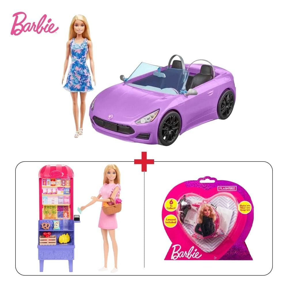 Barbie Doll And Vehicle Playset + Malibu Goes Shopping Playset + Art Kits Bundle (603001000016083 + 603001000016070 + 603001000000789)