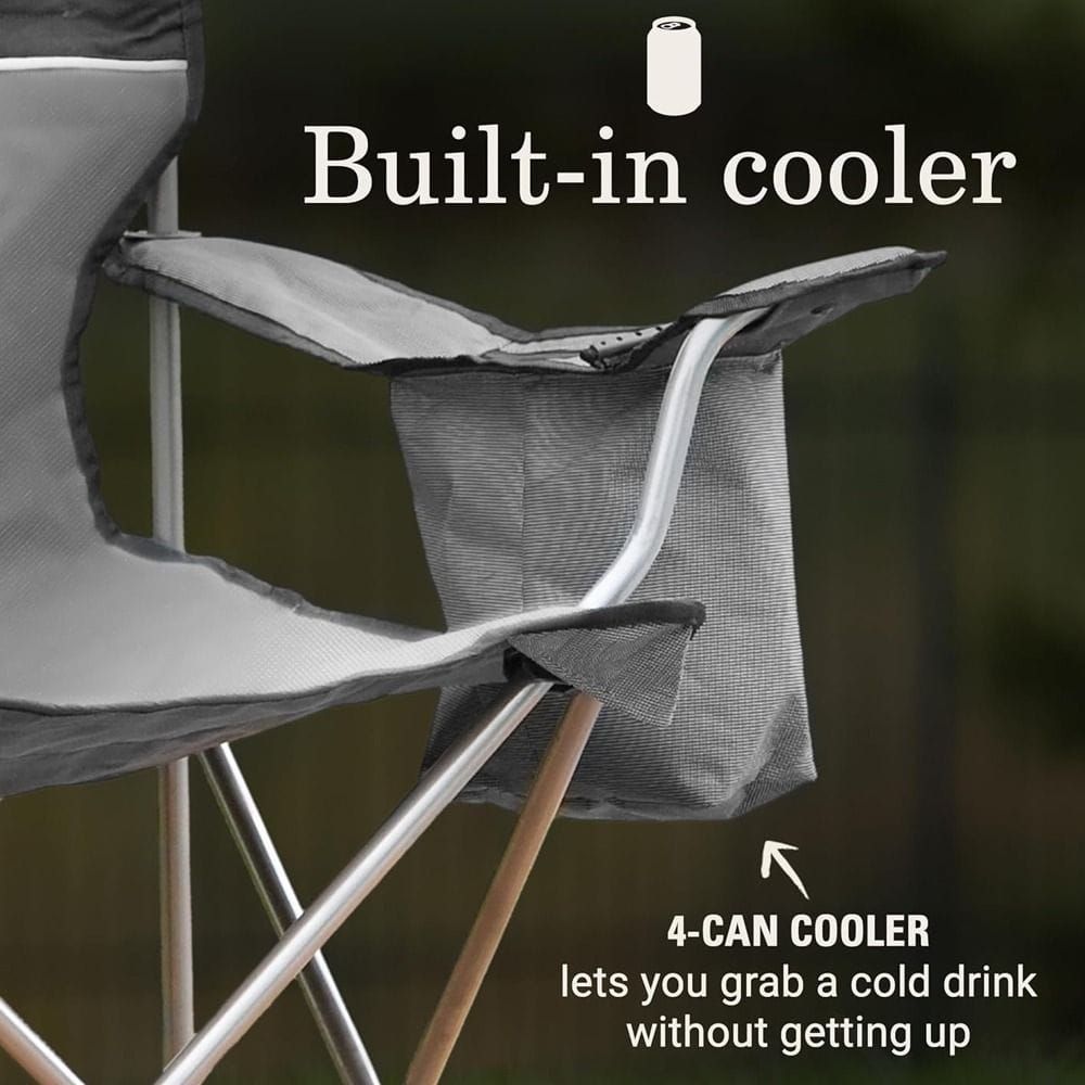 Coleman Cooler Quad Camping Chair, Folding Outdoor Chair with 4-Can Cooler, Cup Holder, Storage Pocket and Adjustable Armrests | Grey & Black