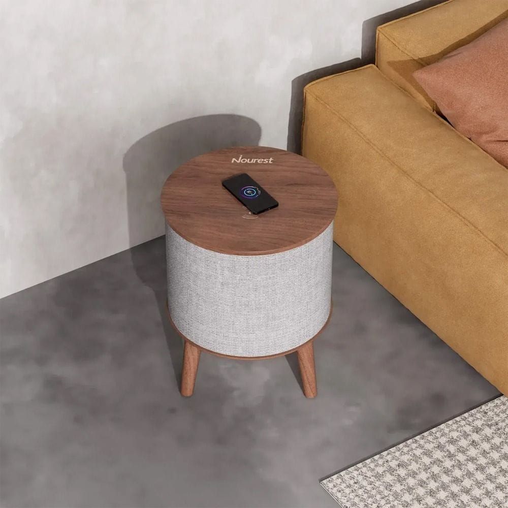 Nourest 3-in-1 Wireless Charging Side Table with Bluetooth Speaker - 50W, 8" Tweeter, 360° Surround Sound, Bluetooth 5.0 TWS, Qi Wireless Charging | Oak