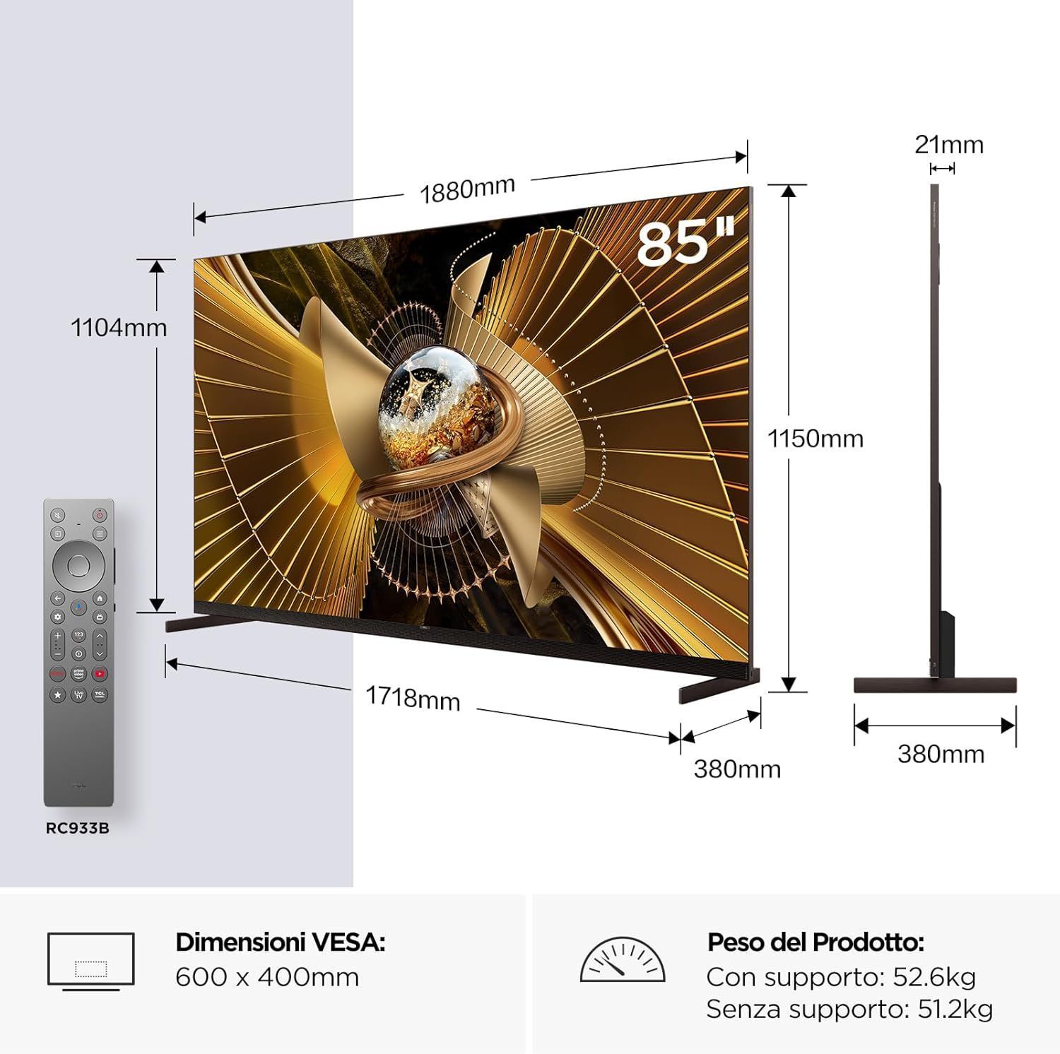 TCL 85 Inch 4K SQD Mini LED Smart Google TV, 144Hz, HDR 10000 Nits,14400 Dimming Zones, Dolby Atmos, B&O Audio, Wi-Fi - 85X11L - Black