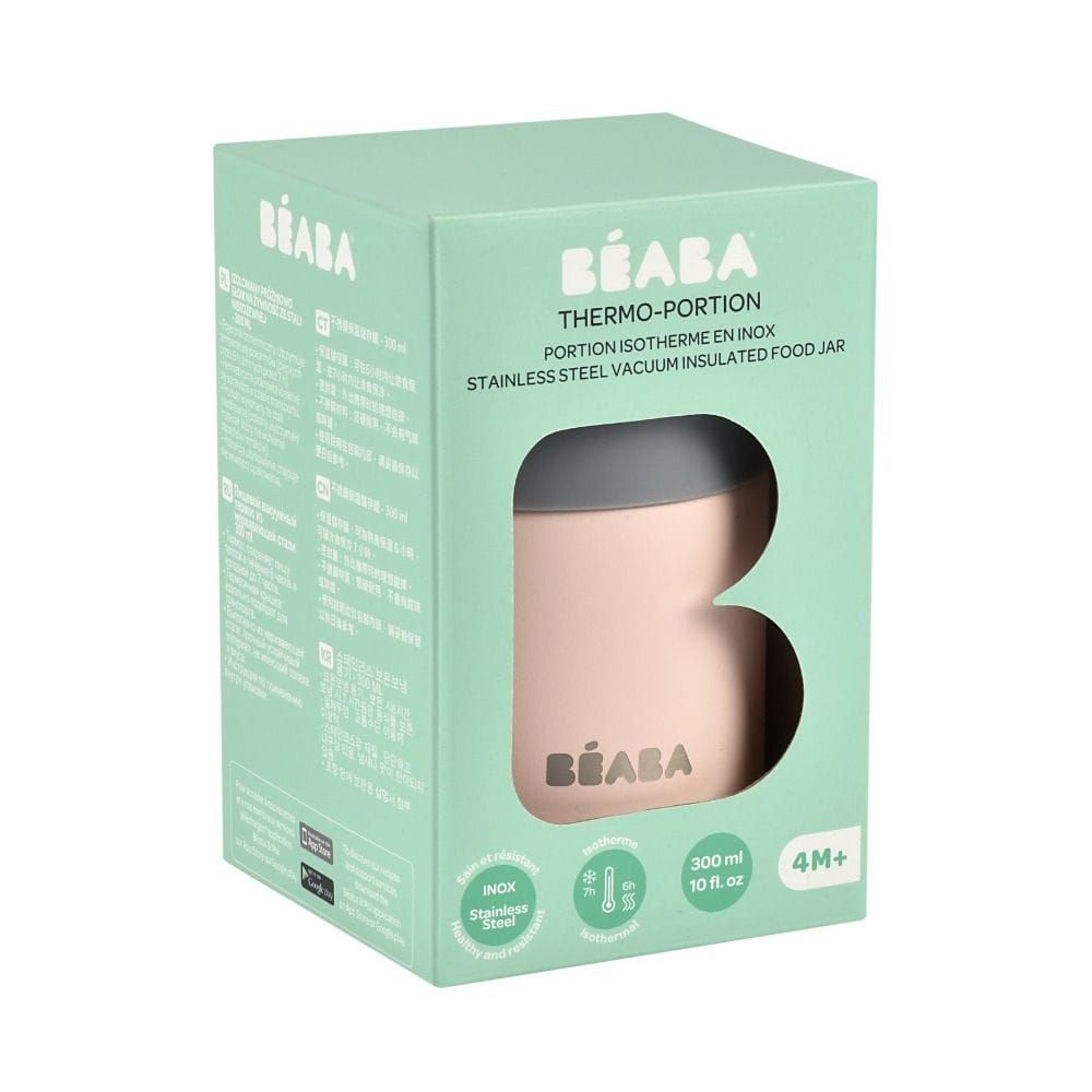 Beaba Stainless Steel Thermo-Portion Food Jar 300ml, Insulated Double Wall, Wide Opening - Dark Mist/Light Pink