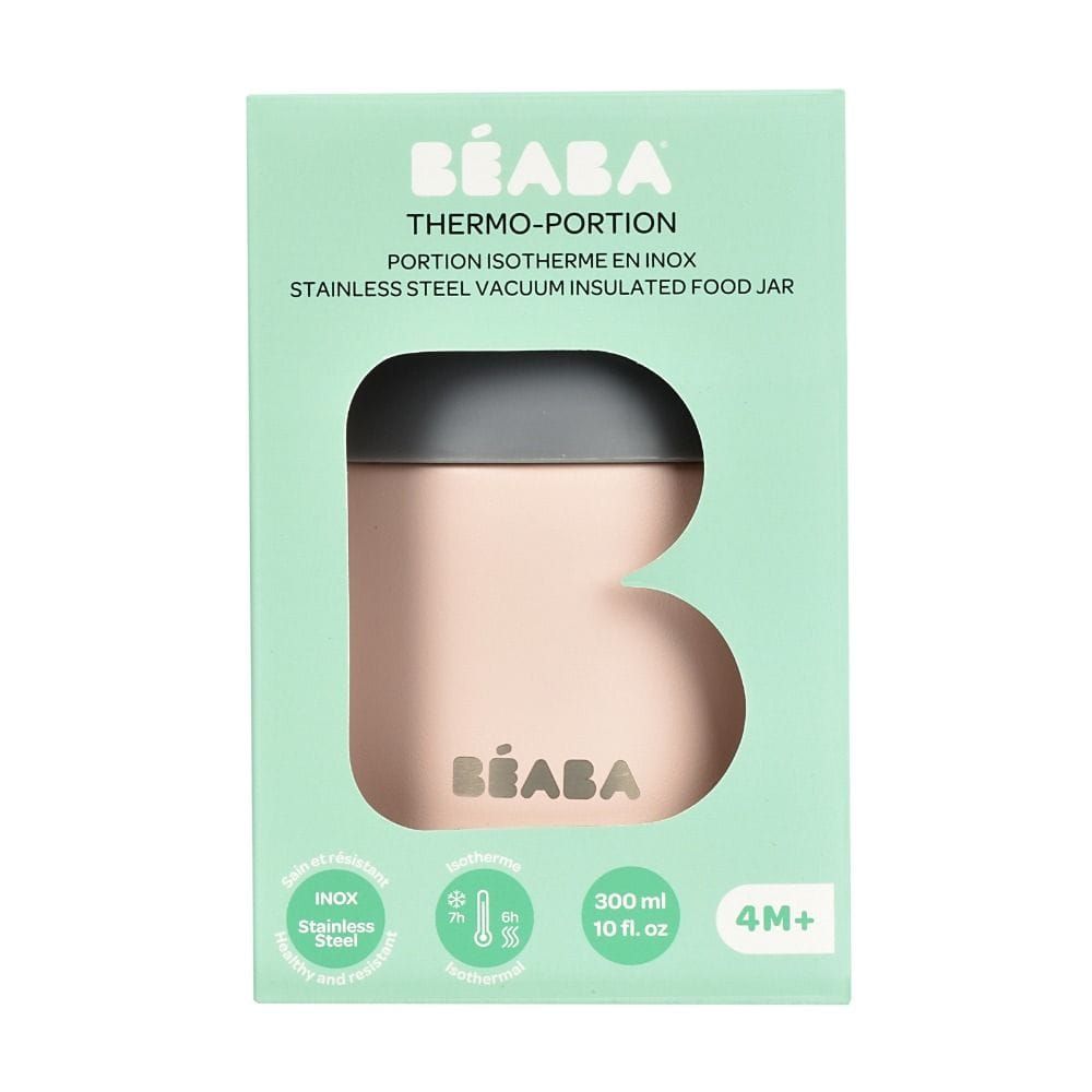 Beaba Stainless Steel Thermo-Portion Food Jar 300ml, Insulated Double Wall, Wide Opening - Dark Mist/Light Pink