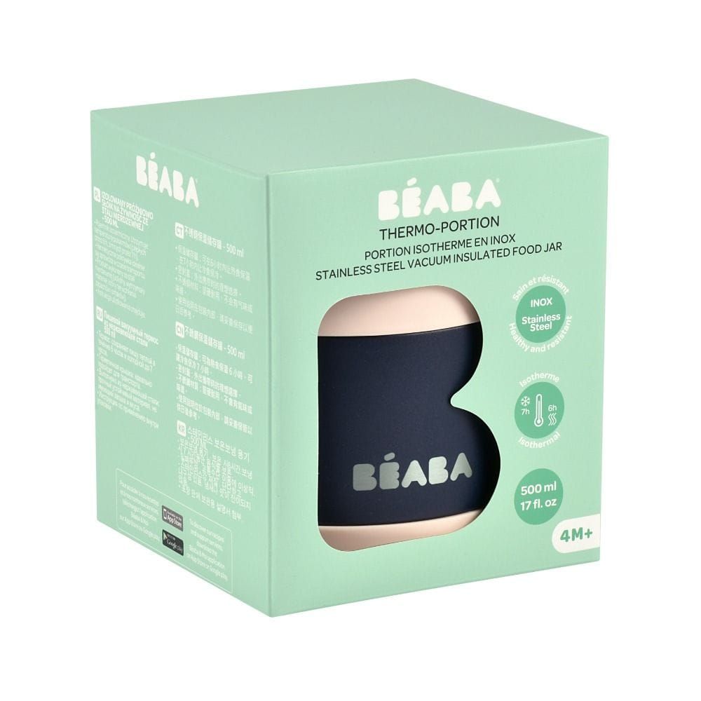 Beaba Stainless Steel Thermo-Portion Food Jar 500ml, Insulated Double Wall, Wide Opening - Light Pink/Night Blue
