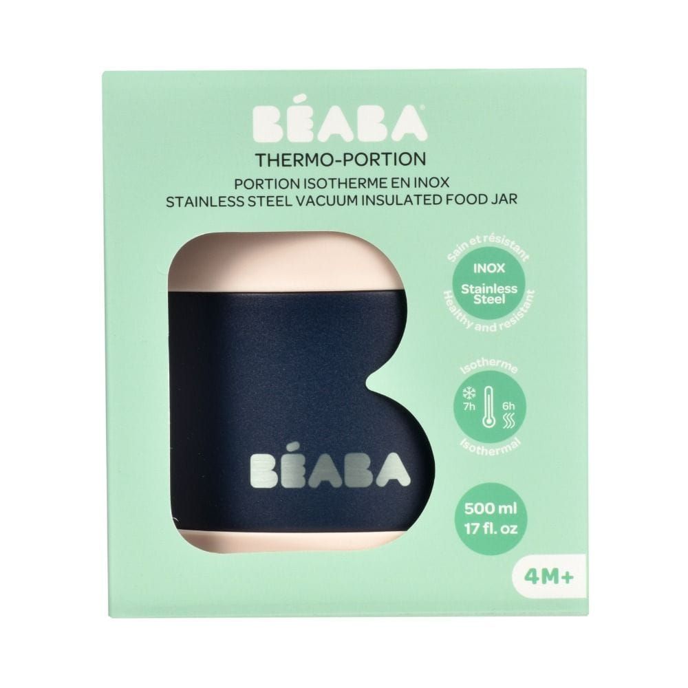 Beaba Stainless Steel Thermo-Portion Food Jar 500ml, Insulated Double Wall, Wide Opening - Light Pink/Night Blue