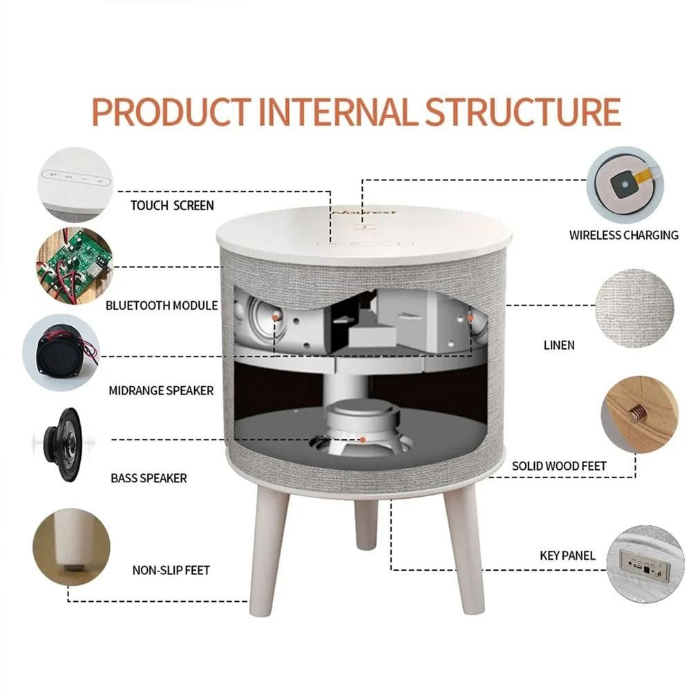 Nourest 4-in-1 Side Table with Inbuilt 70W Bluetooth Speaker - Touch Control, Wireless Charging, TWS Bluetooth Pairing | Grey