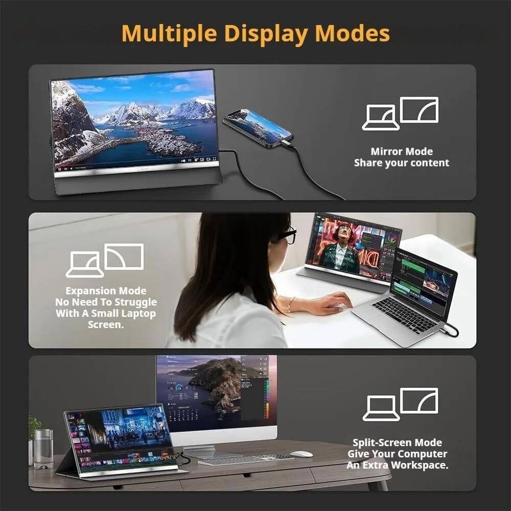 V2COM P4 Portable Monitor, 16" FHD IPS Display, 60Hz Refresh Rate, 1ms Response Time, HDR, Eye-Care Screen | Black