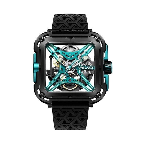 CIGA Design X Series Gorilla Skeleton Automatic Watch, Square Stainless Steel Case, Transparent Skeleton Dial, Sapphire Crystal, Silicone Strap, 30M Water Resistant
