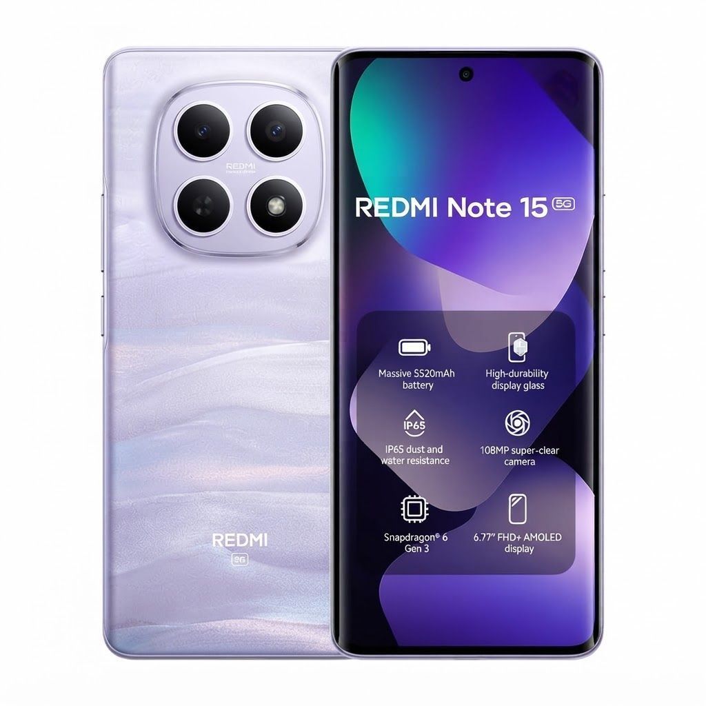 Xiaomi Redmi Note 15 5G Smartphone, 8GB RAM, 256GB Storage, 108MP Camera, 6.77" AMOLED Display, 5520mAh Battery | Mist Purple