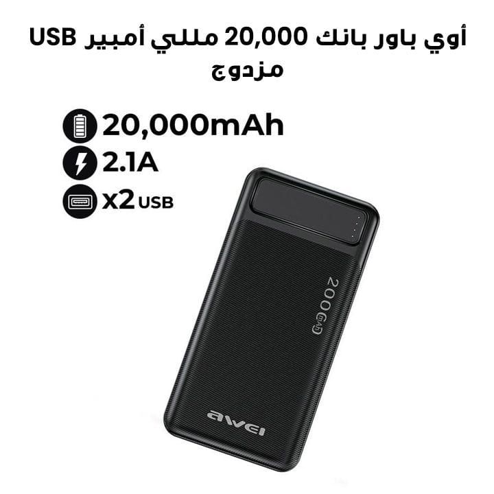 Awei 20000mAh Portable Power Bank Dual Type A USB A and Type C Micro Dual input Fast Charge | P6K