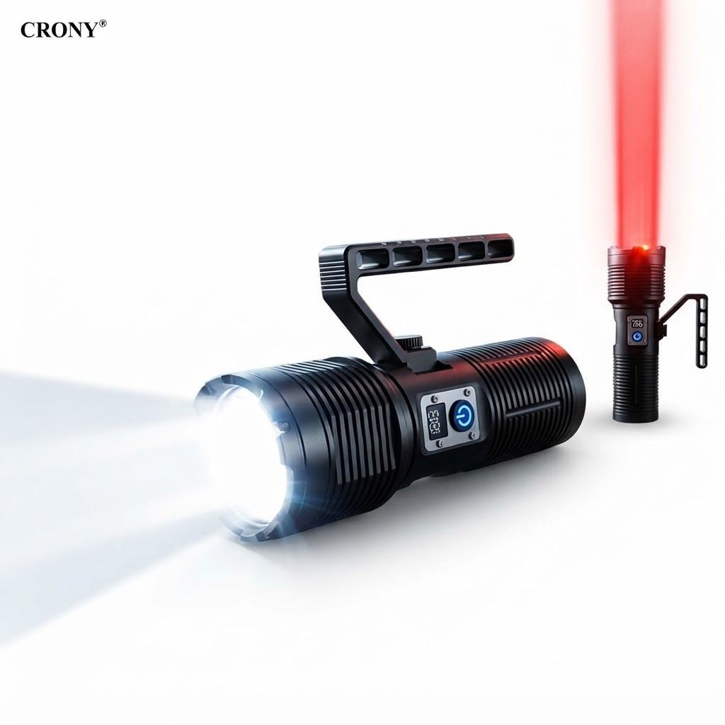 CRONY S2303 Rechargeable LED Tactical Flashlight, 3200 Lumens, 11 Modes, Zoomable Beam, LCD Display, IPX7 Waterproof