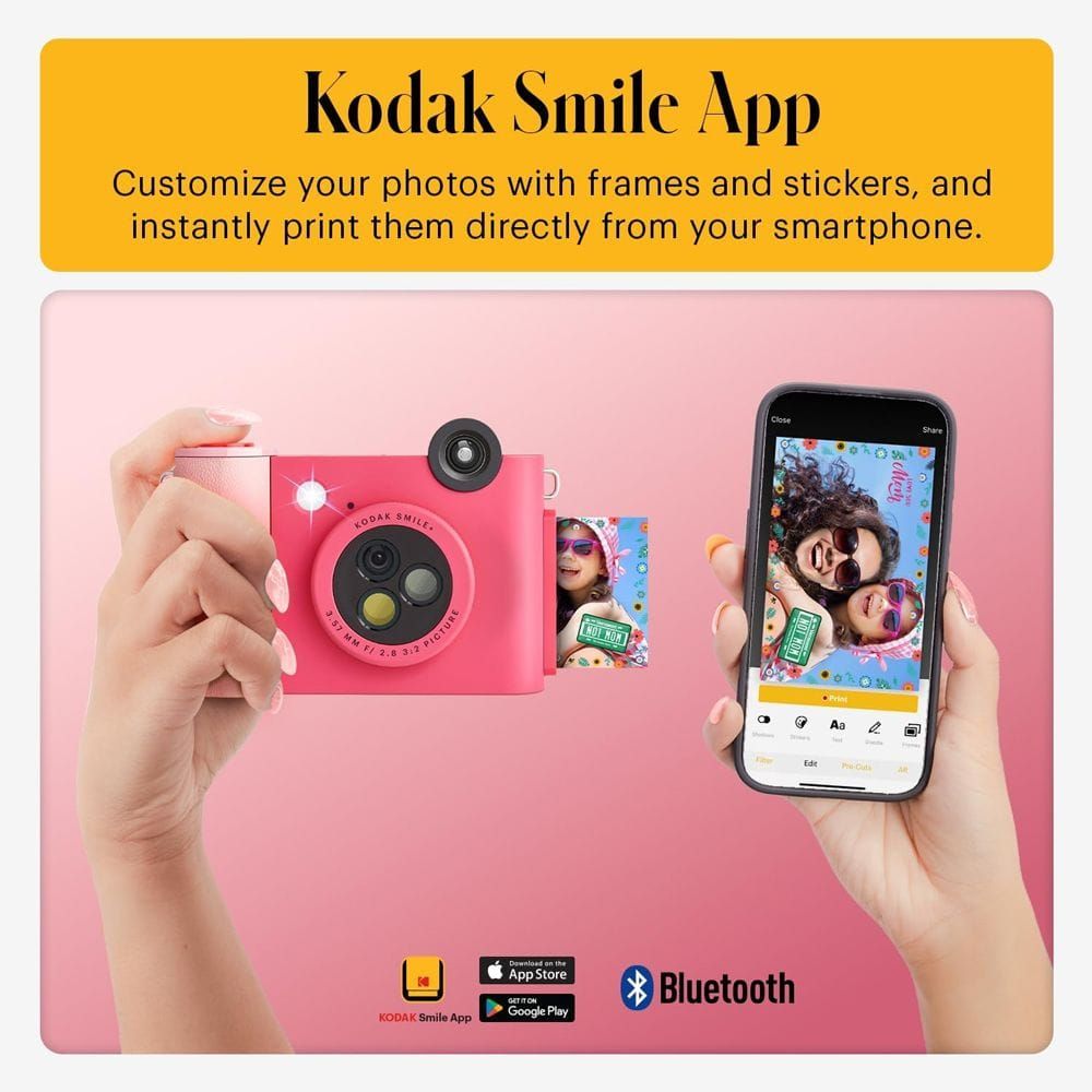 Kodak Smile+ Instant Print Digital Camera, 10MP Camera, 2x3-Inch ZINK Photo Printing, Bluetooth Connectivity & Selfie Mirror | Fuchsia - 843812173063