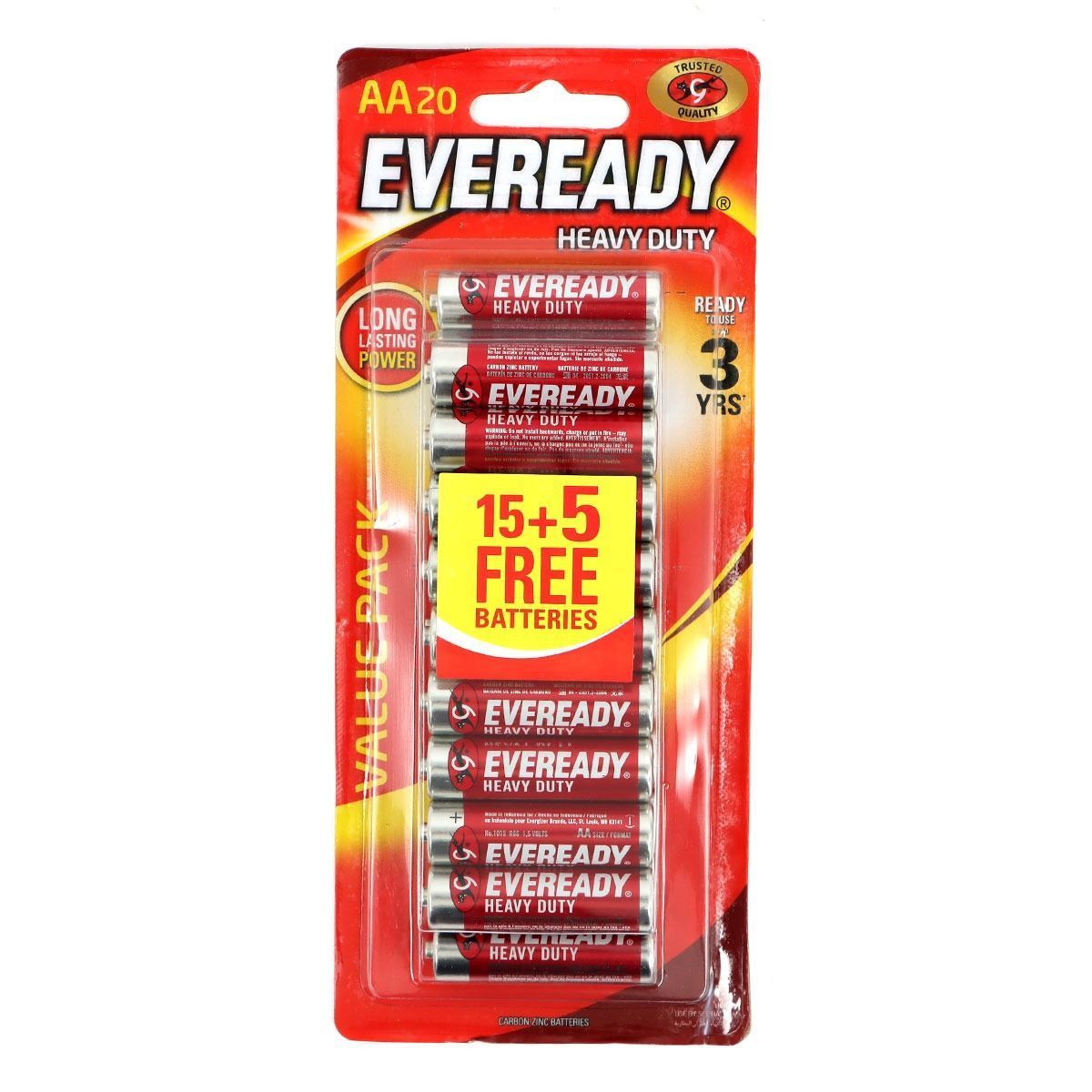 Eveready 1015 Heavy Duty AA Batteries Bonus (15+5 Free), Carbon Zinc, No Added Mercury/Cadmium | Pack of 20