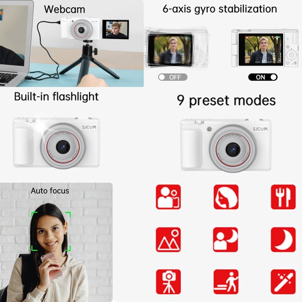 SJCAM ZV200 Digital Camera with 64MP Photos, 5K Video Recording, 18X Digital Zoom, 3.0-Inch Flip Screen & Wi-Fi Connectivity | White - 6972476163425
