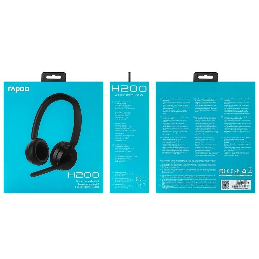 Rapoo Wireless Stereo Headset, Bluetooth 5.3 and 2.4GHz Wireless Connectivity, 40mm Drivers, Noise-Reduction Microphone, 15-Hour Battery Life | Black - H200