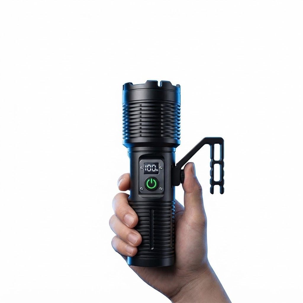 CRONY S2303 Rechargeable LED Tactical Flashlight, 3200 Lumens, 11 Modes, Zoomable Beam, LCD Display, IPX7 Waterproof