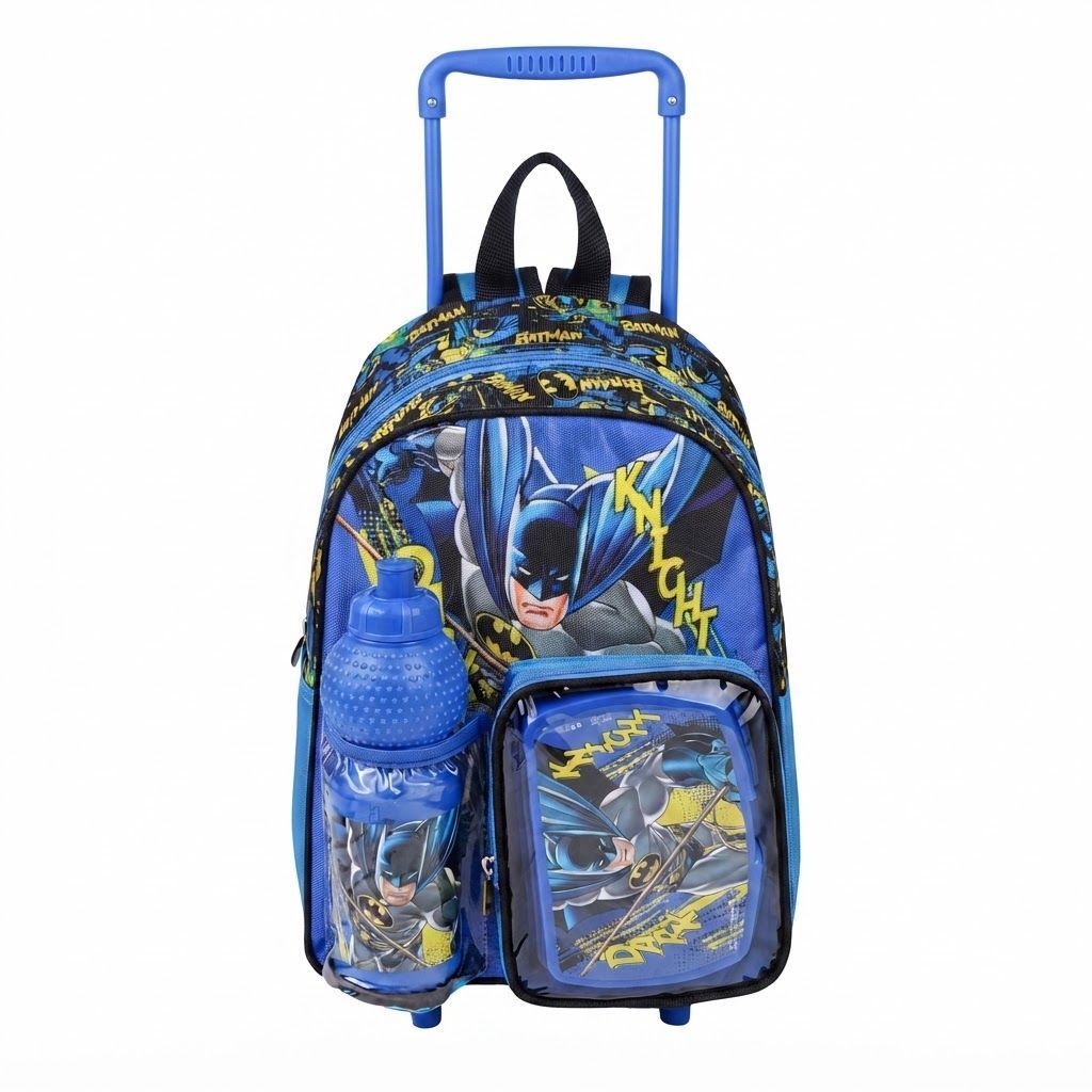 Batman 3-in-1 Toddler Rolling Backpack School Set - 13 inch Trolley Bag with Lunch Box & Water Bottle