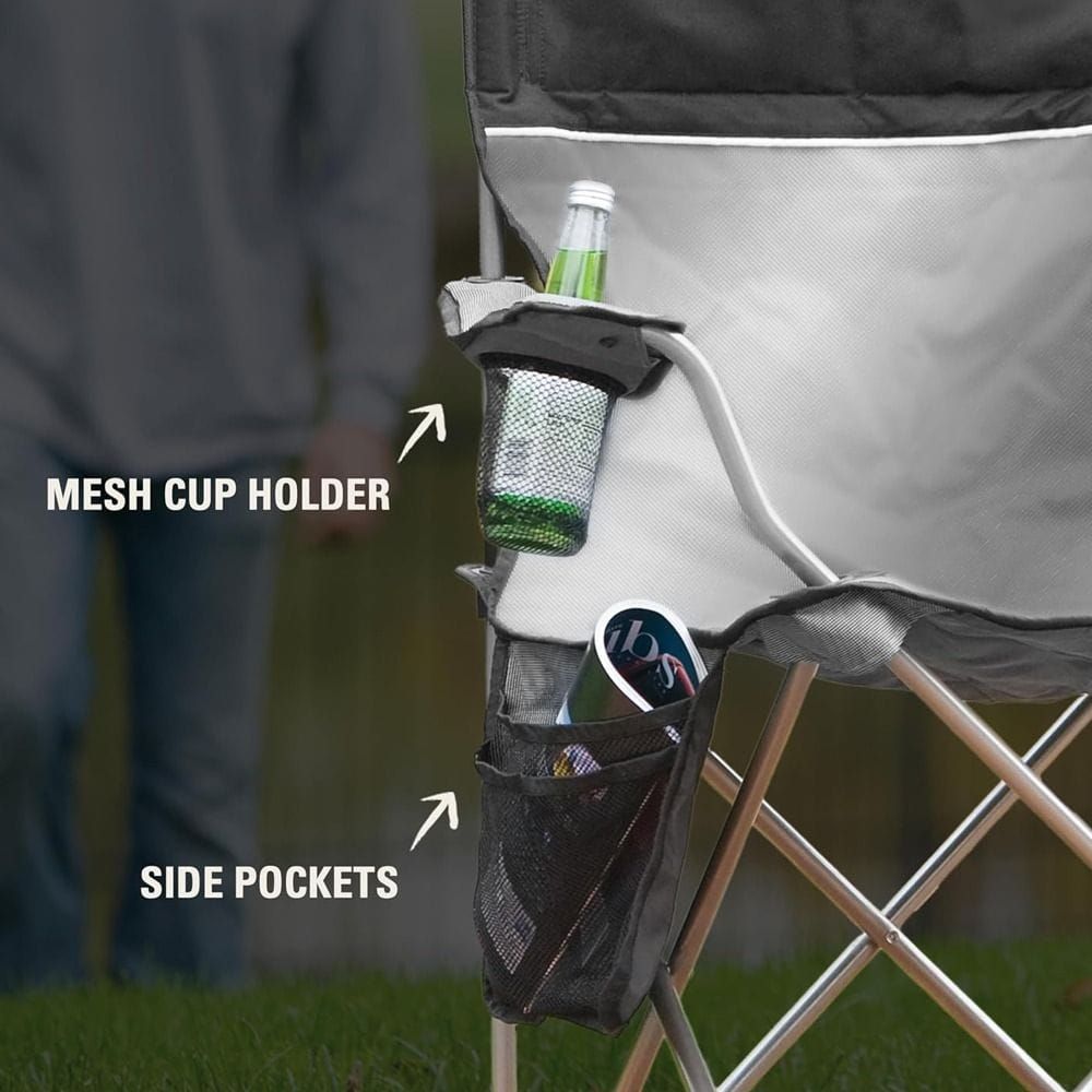 Coleman Cooler Quad Camping Chair, Folding Outdoor Chair with 4-Can Cooler, Cup Holder, Storage Pocket and Adjustable Armrests | Grey & Black