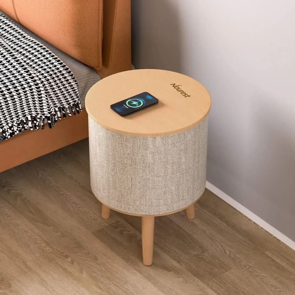 Nourest 3-in-1 Wireless Charging Side Table with Bluetooth Speaker - 50W, 8" Tweeter, 360° Surround Sound, Bluetooth 5.0 TWS, Qi Wireless Charging | Oak