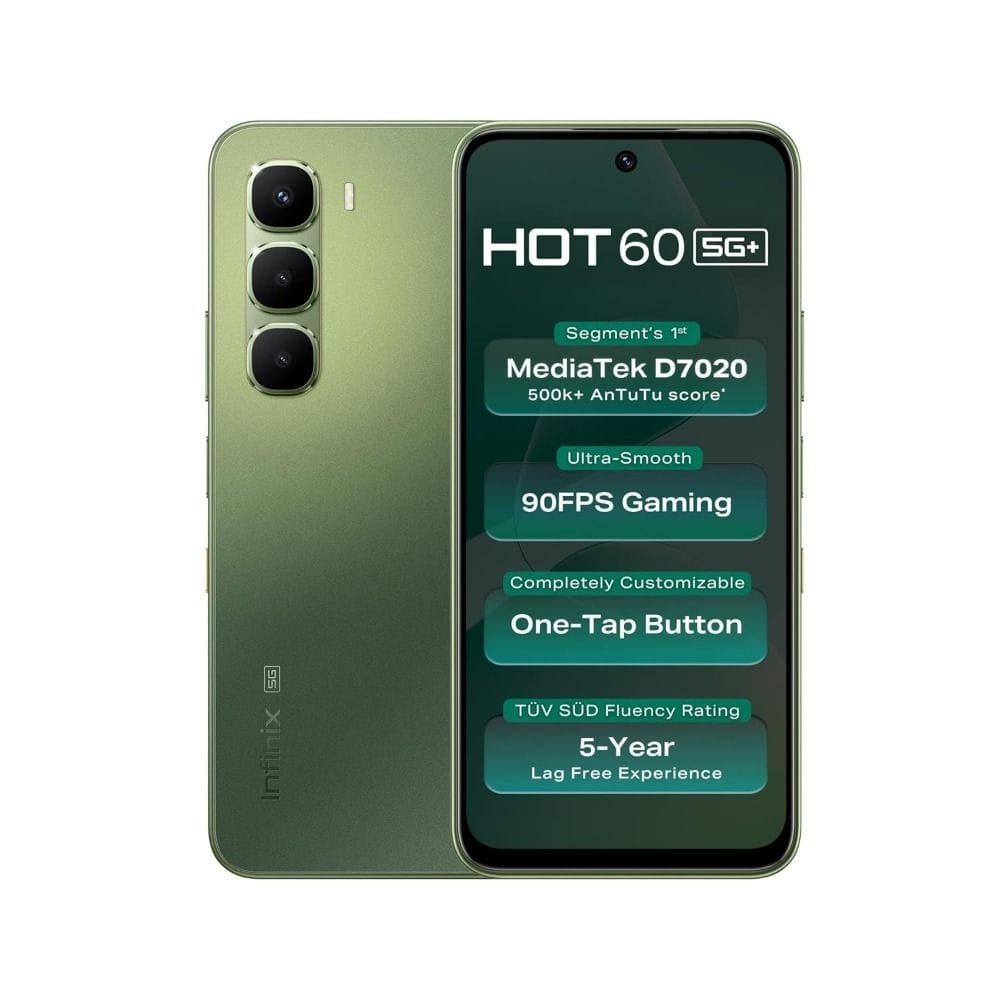 Infinix Hot 60 5G Smartphone (X6726B) 128GB+6GB RAM, MediaTek Dimensity 7060, 6.7" 120Hz Display, 50MP Camera, 5200mAh Battery | Tundra Green