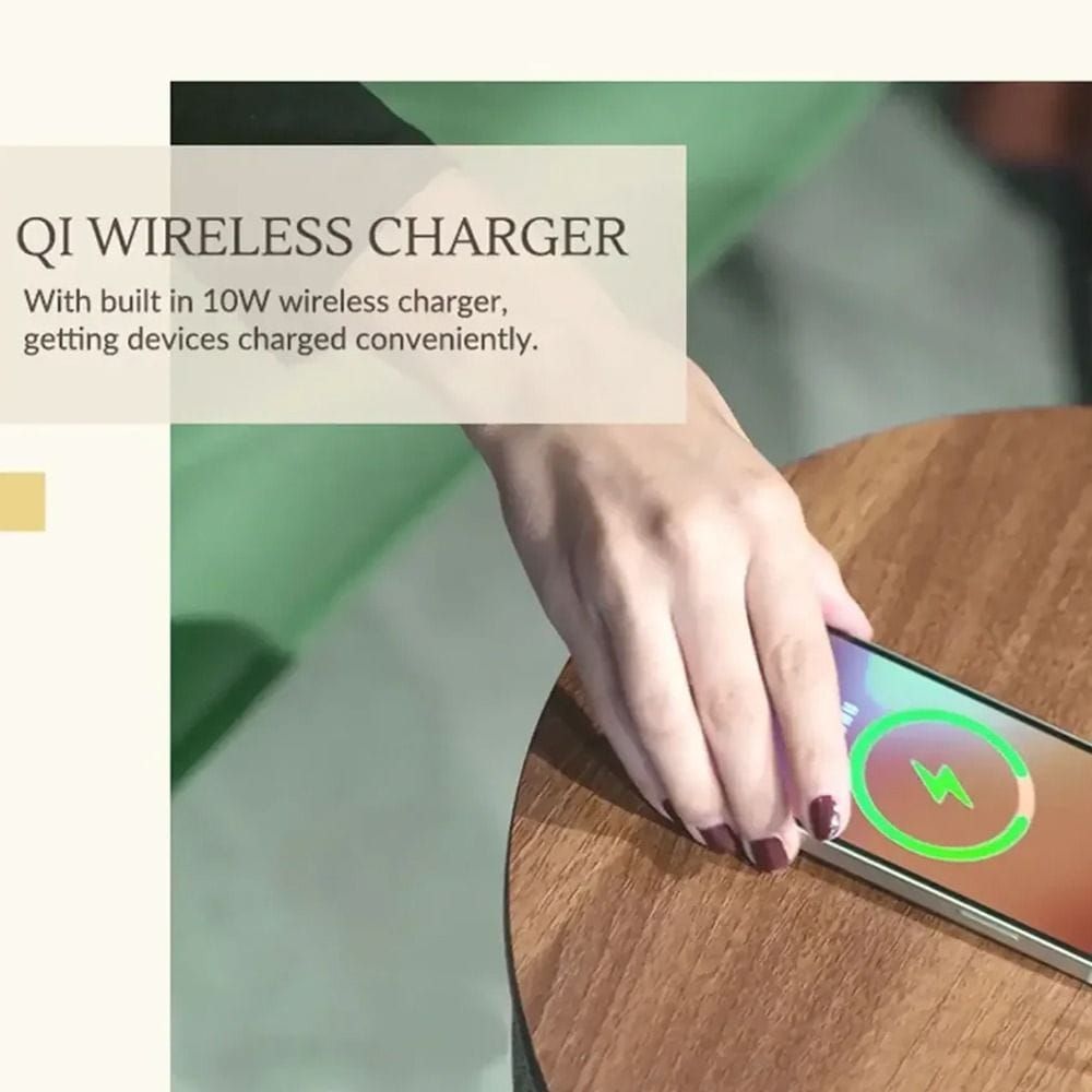 Nourest 3-in-1 Wireless Charging Side Table with Bluetooth Speaker - 50W, 8" Tweeter, 360° Surround Sound, Bluetooth 5.0 TWS, Qi Wireless Charging | Oak