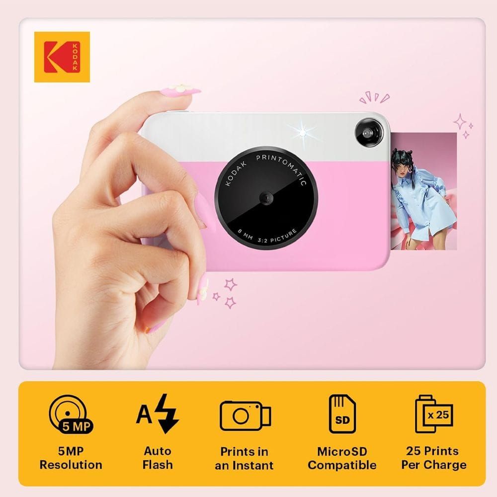 Kodak Printomatic Instant Print Camera, 5MP Sensor, Instant 2x3-Inch ZINK Photo Printing, Auto Flash, Optical Viewfinder & MicroSD Support | Pink - 840102197761