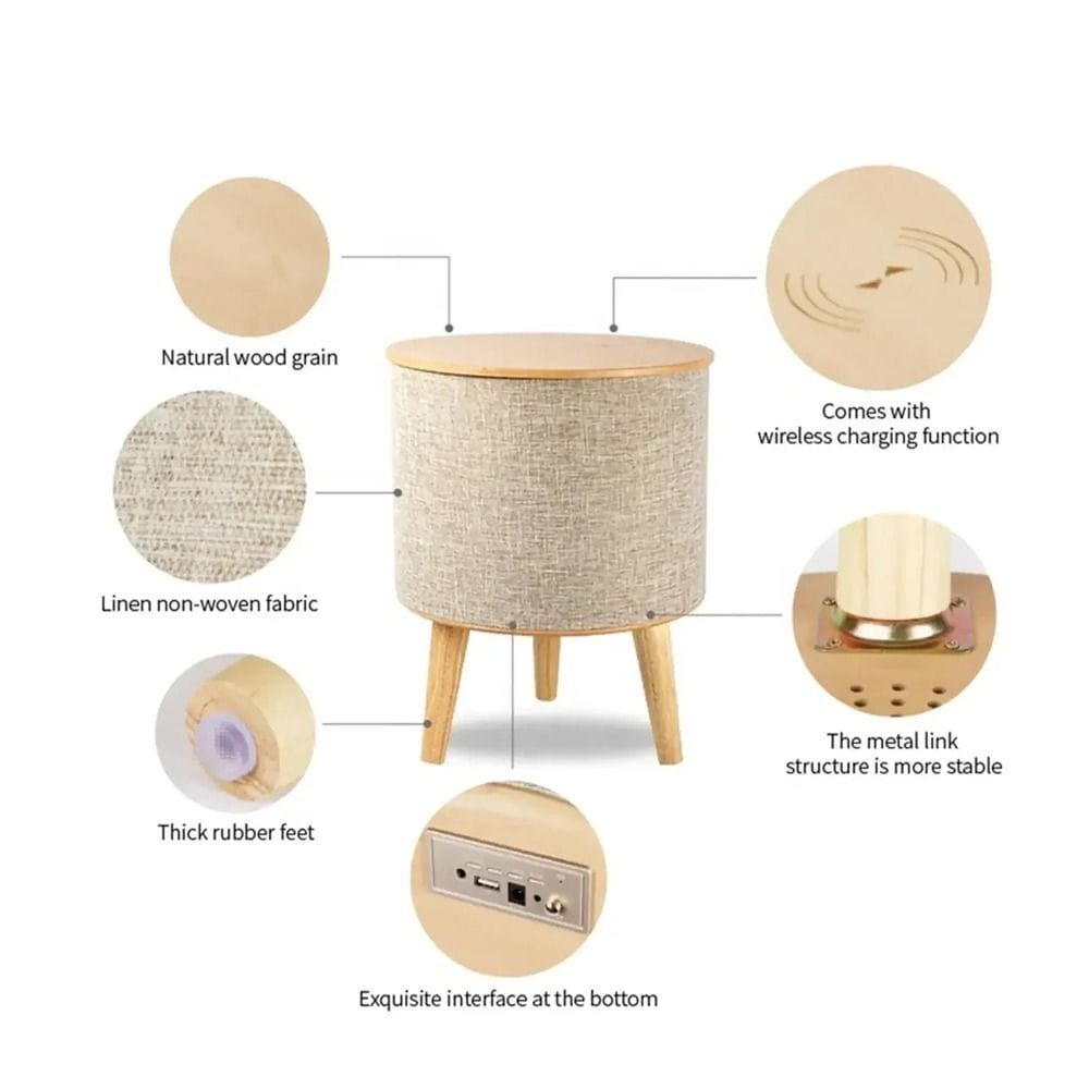 Nourest 3-in-1 Wireless Charging Side Table with Bluetooth Speaker - 50W, 8" Tweeter, 360° Surround Sound, Bluetooth 5.0 TWS, Qi Wireless Charging | Oak
