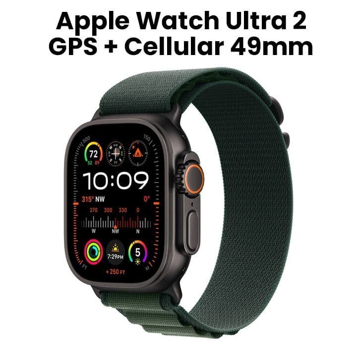 ساعة أبل ألترا ٢ GPS + خلوي ٤٩ مم هيكل التيتانيوم الأسود مع حزام ألبين أخضر داكن - متوسط | MX4R3QA/A