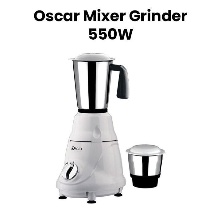 Oscar Mixer Grinder 550W, Stainless Steel Blade, Ideal For Modern Kitchens, High Performance Motor, Multiple Jars, Durable Design - White - OMG550INDK